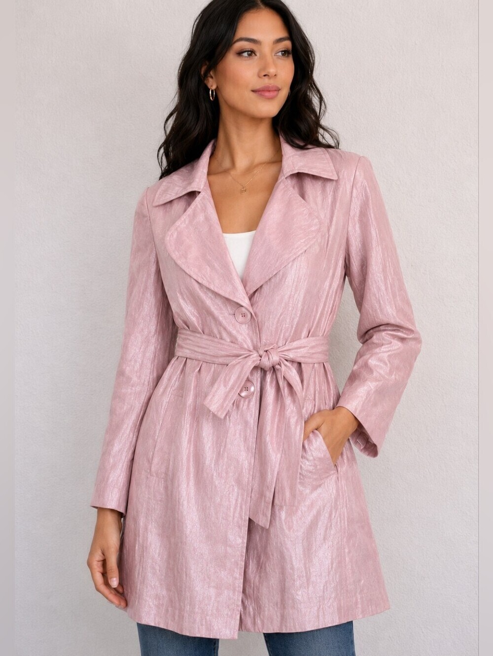 Nine West Womens Large Pink Belted Trench Coat Shimmer Lightweight Jacket